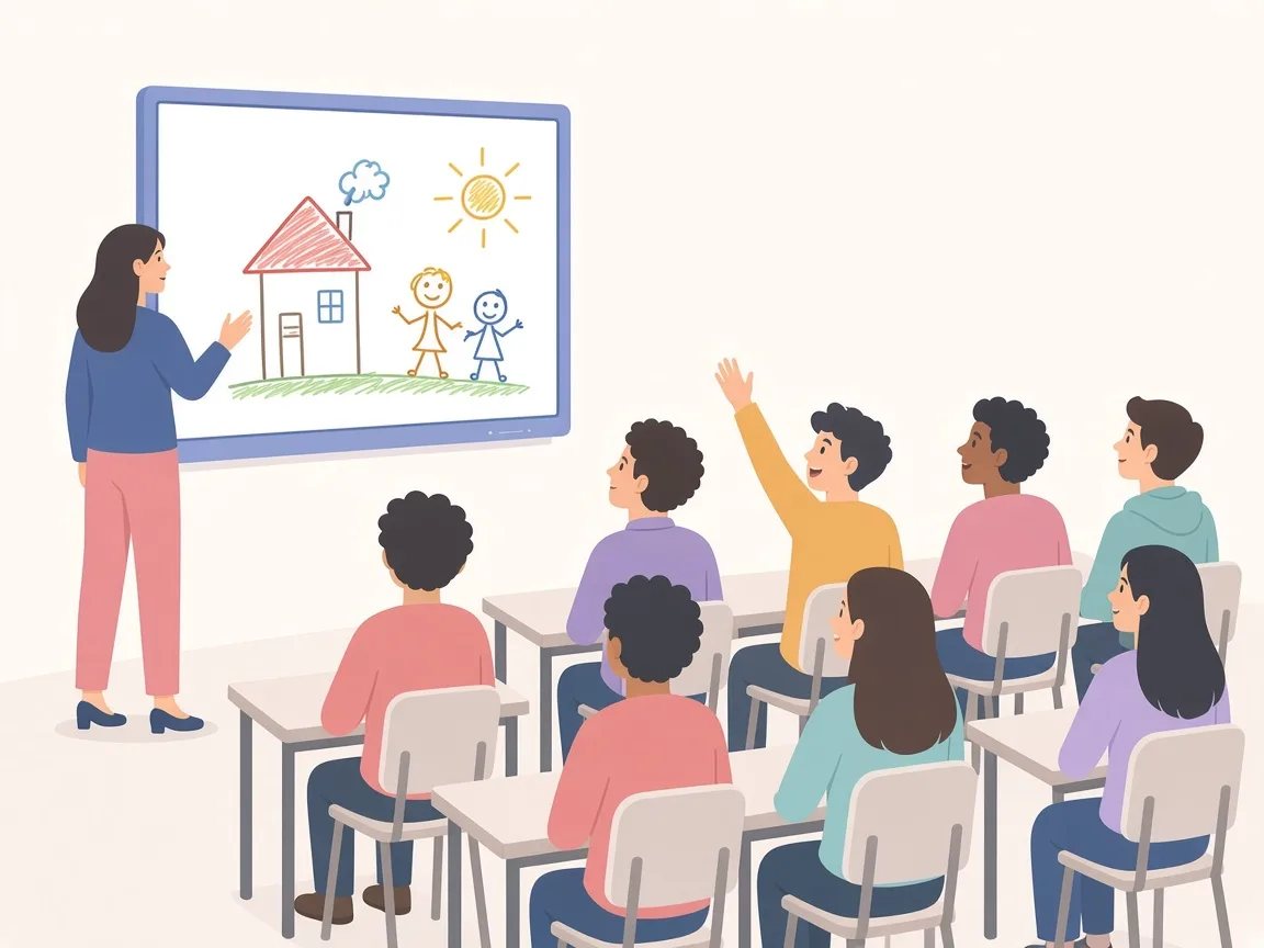 Illustration of a teacher leading a class discussion at an interactive panel as a student raises a hand