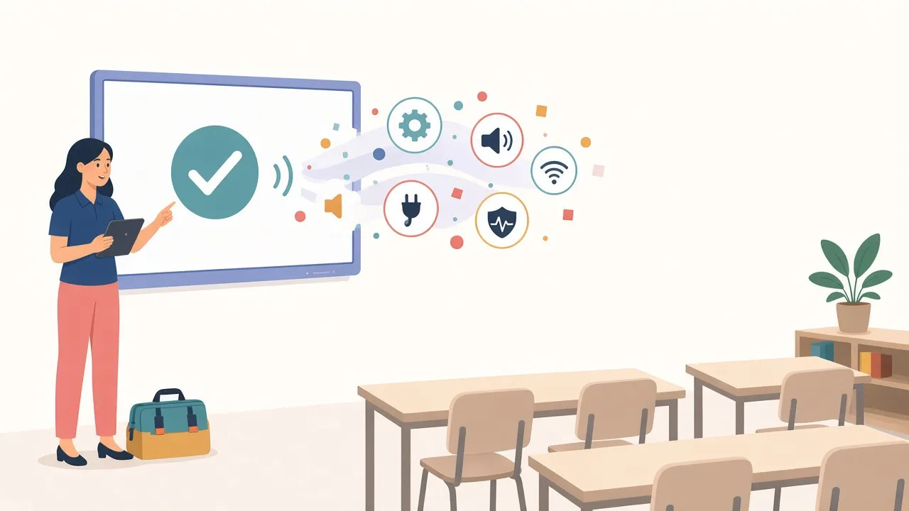 Illustration of a technician checking an interactive panel
